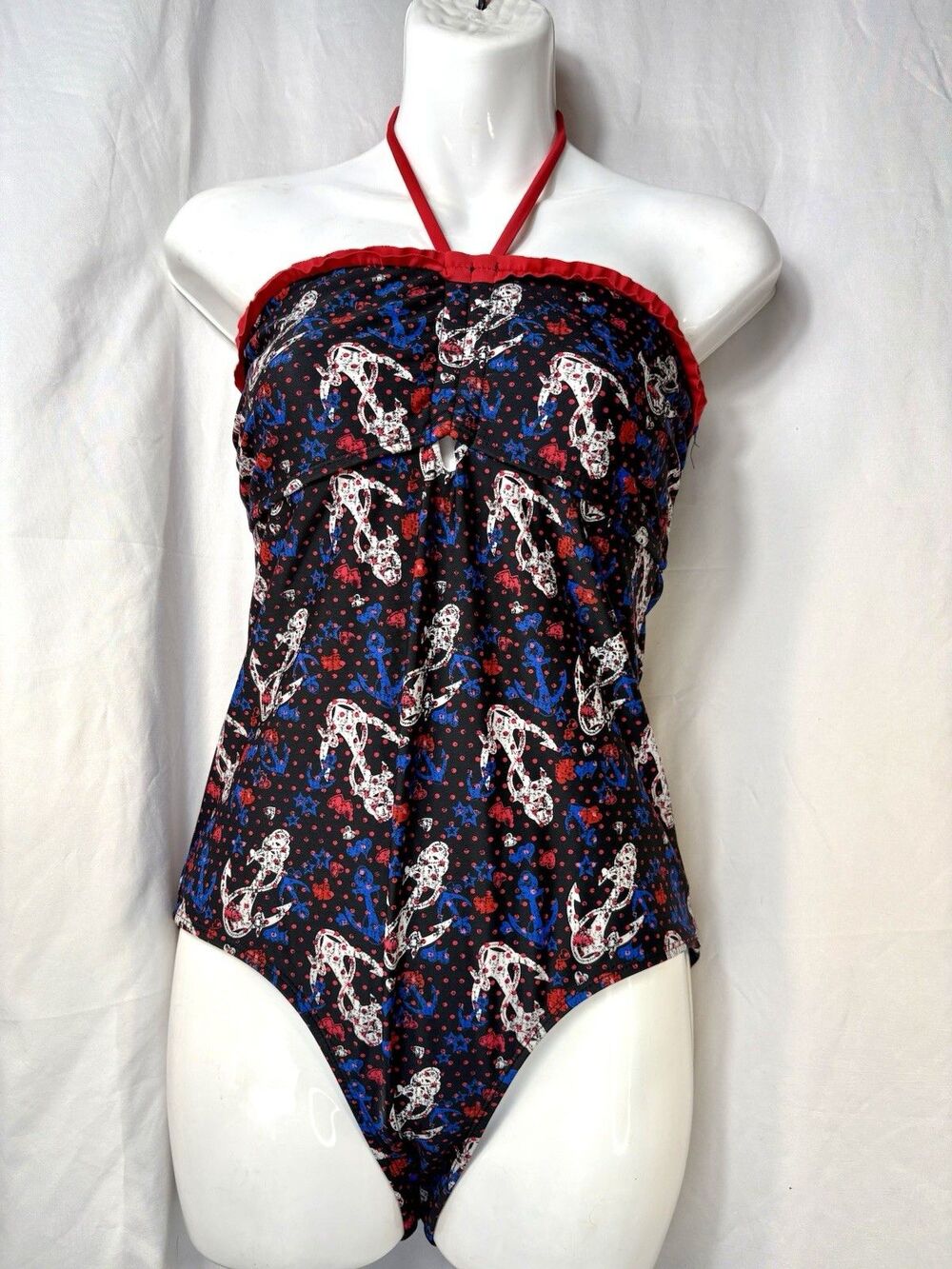 Vintage Pin-Up Style Nautical Anchor Halter Swimsuit OP Large